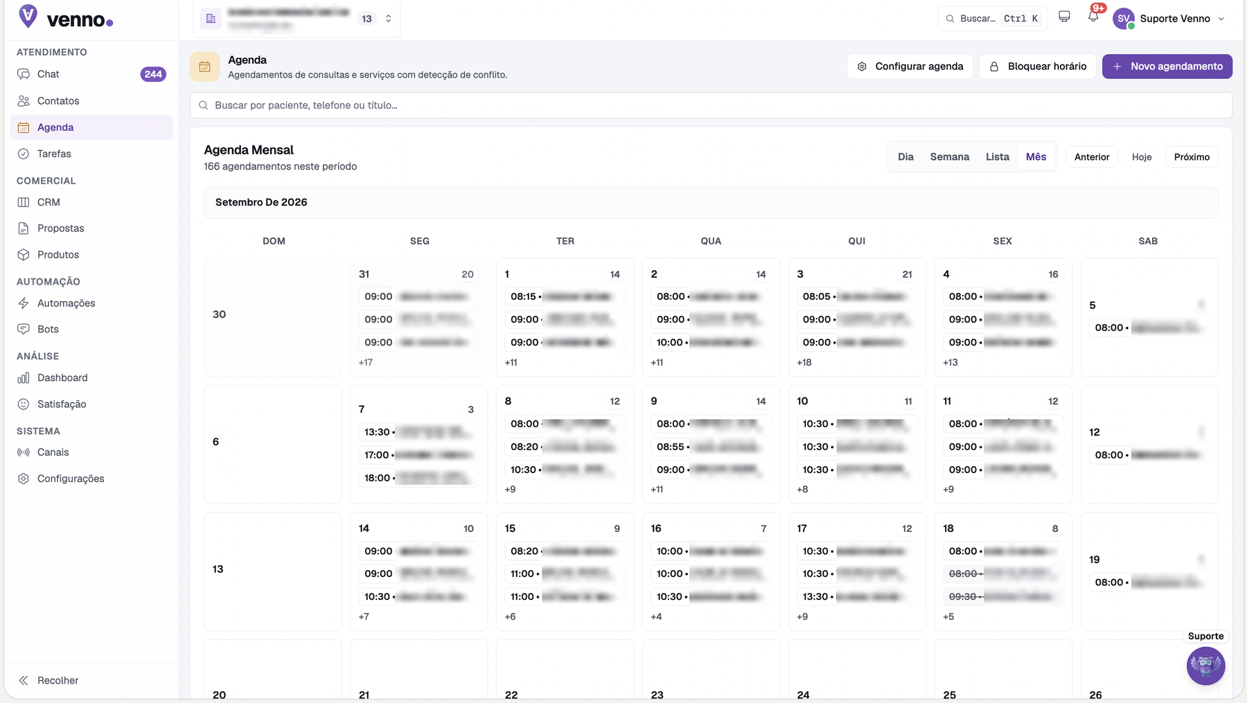 Agenda mensal do Venno com os agendamentos de cada dia
