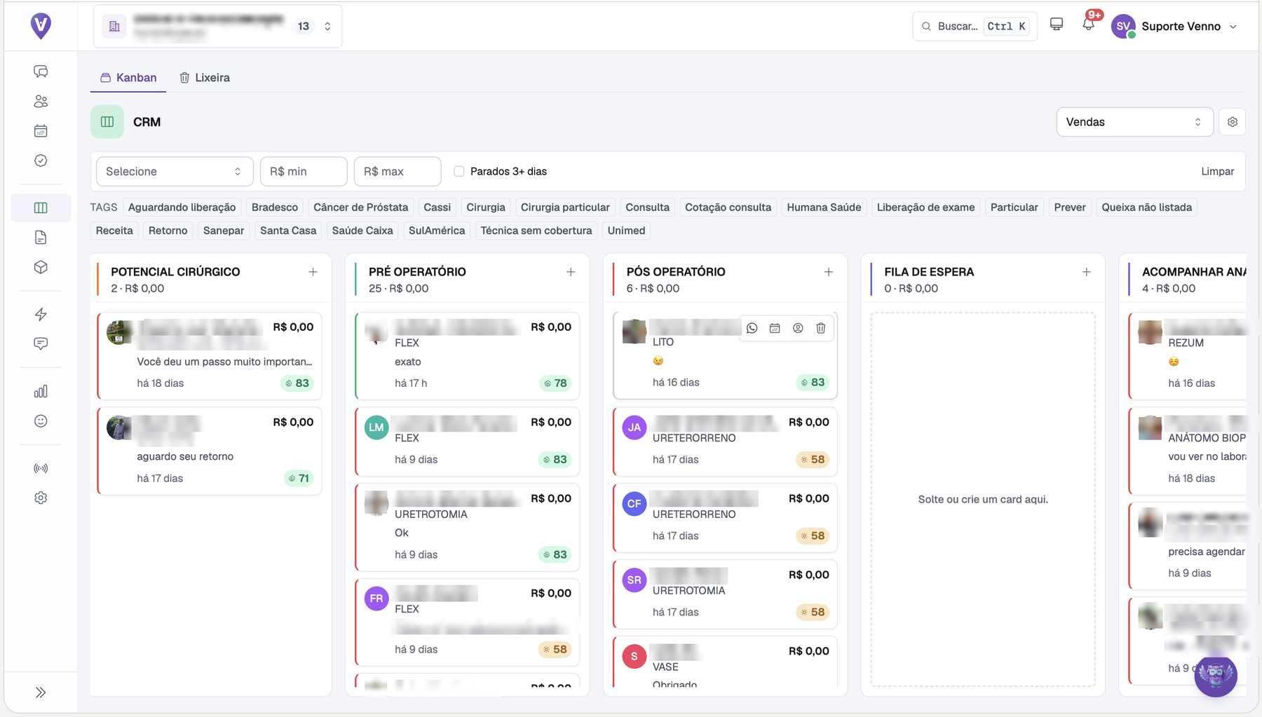 Funil de vendas do Venno em Kanban, com as etapas e os cards de oportunidade